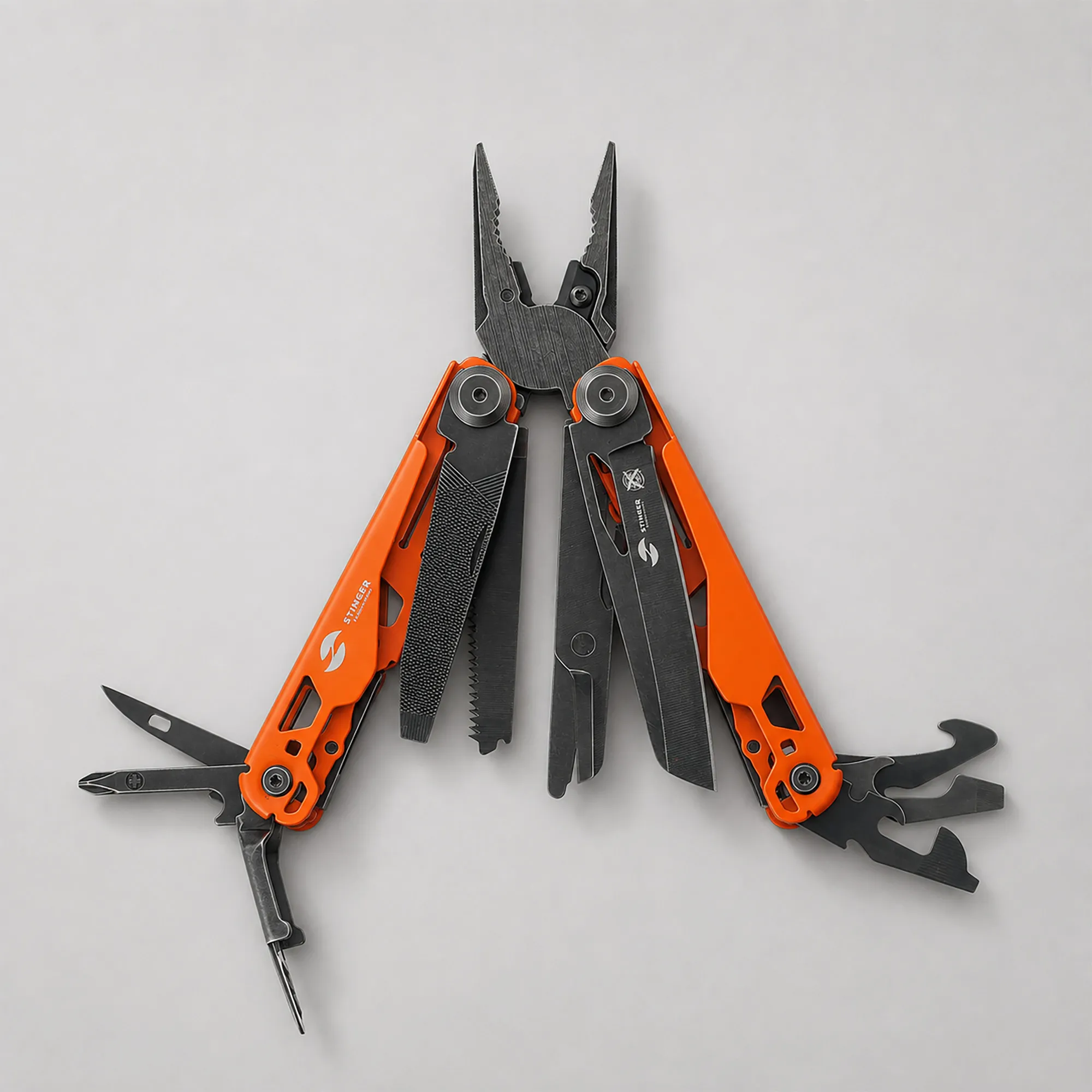 Мультитул Stinger, 107 х 19 мм, 19 функций, сталь, оранжевый корпус, стоунвош, в картонной коробке, в комплекте нейлоновый чехол