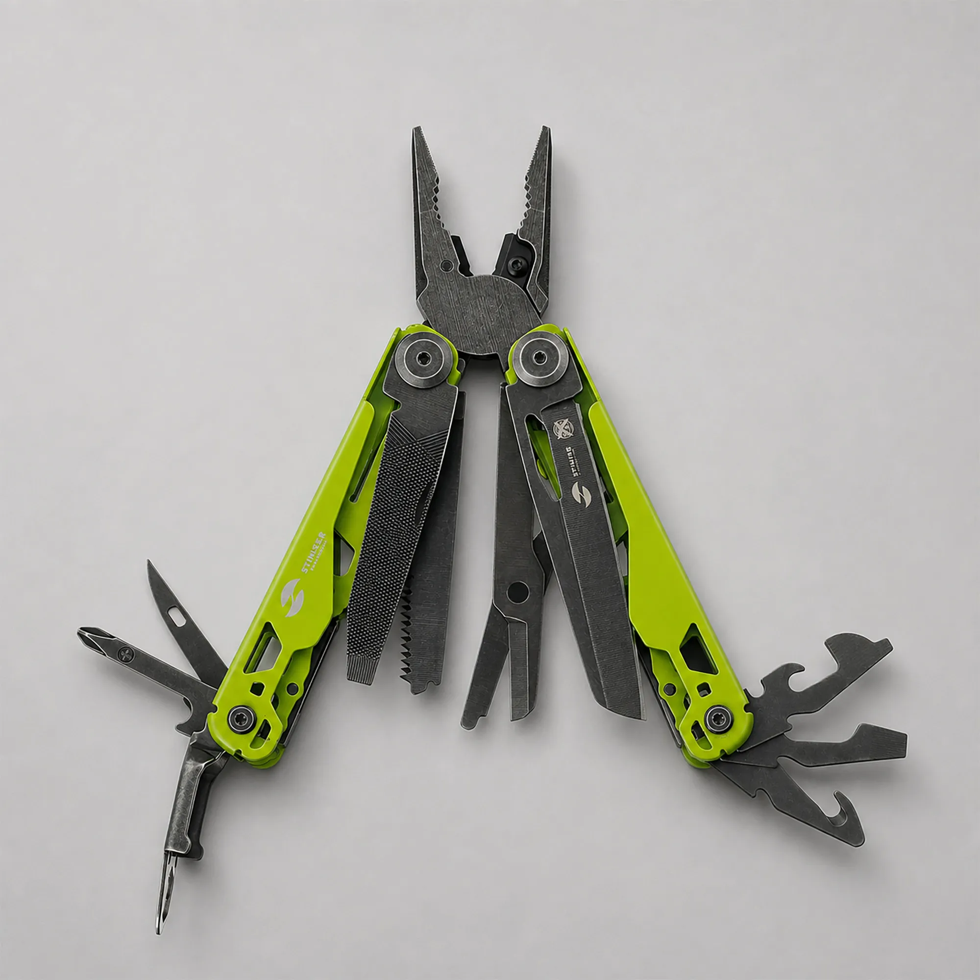 Мультитул Stinger, 107 х 19 мм, 19 функций, сталь, салатовый корпус, стоунвош, в картонной коробке, в комплекте нейлоновый чехол