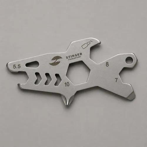 Мини-мультитул карманный Stinger, 60 x 31 мм, 5 функций, акула, нержавеющая сталь, серебристый, в блистере