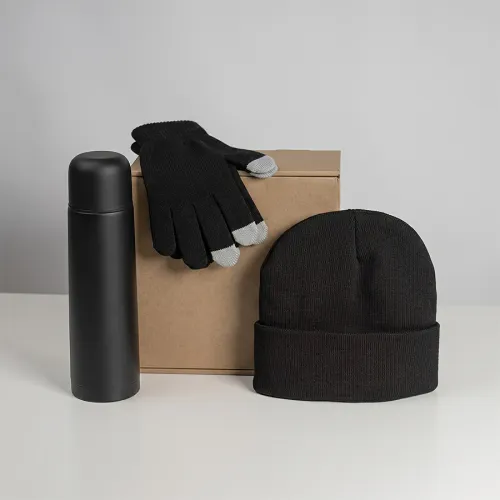 Набор подарочный GET WARM: перчатки, шапка, термос, черный