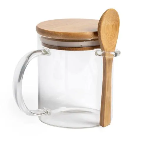Кружка KIPAL, боросиликатное стекло, бамбук, прозрачный