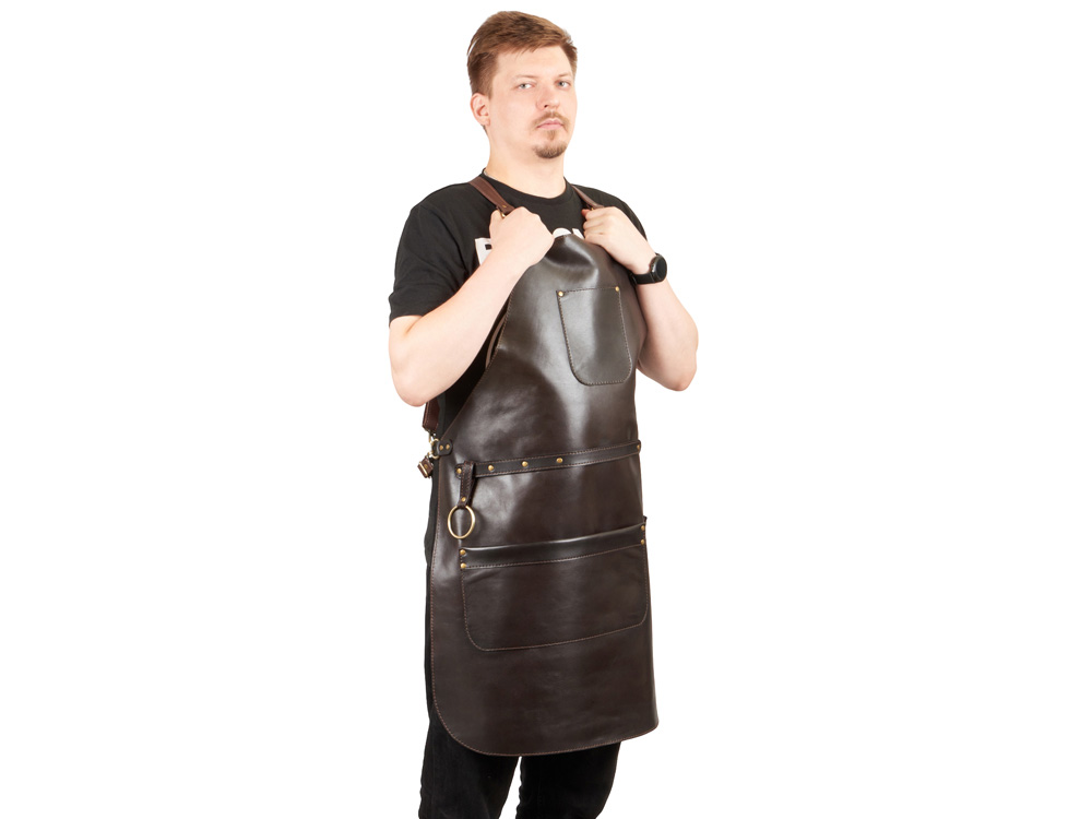 Фартук из натуральной кожи, материал: натуральная кожа КРС, цвет фартука: темно-коричневый, цвет ремней: коричневый тёмный, фурнитура из металлического сплава ЦАМ, цвет фурнитуры: антик, размер универсальный-1