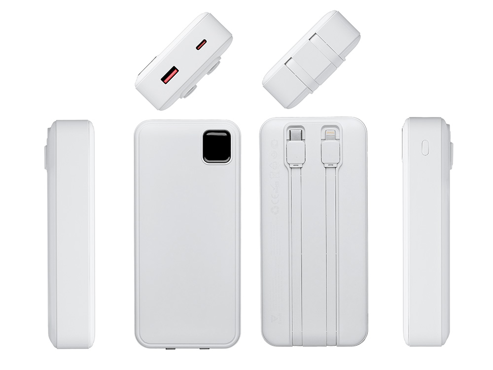 Внешний аккумулятор со встроенными кабелями Фрэйм Про, быстрая зарядка, 20000мач, белый-2