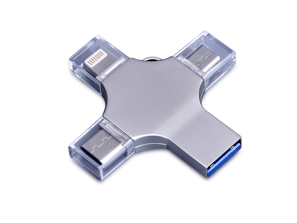 USB-флешка на 64 Гб 4 в 1 поворотный механизм, c дополнительными разъемами MicroUSB, TypeC и Lightning, серебристый-0