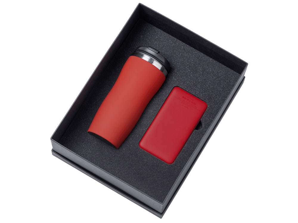 Подарочный набор c вакуумной термокружкой и повербанком С2, красный-1