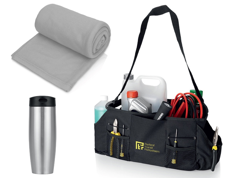Подарочный набор с пледом, термокружкой и сумкой для инструментов, серый-0