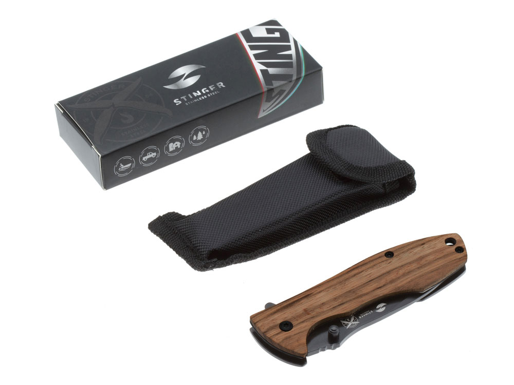 Нож складной Stinger, 80 мм, (чёрный), материал рукояти: сталь/эбеновое дерево (коричневый)-4