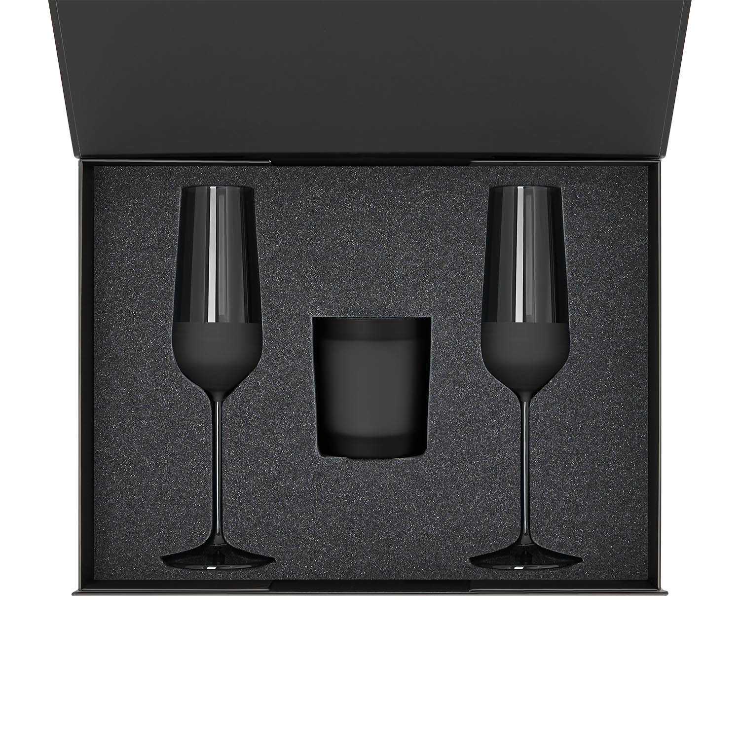 Подарочный набор свеча Энигма (Enigma) + 2 бокала для шампанского Блэк Эдишн (Black Edition) в черной коробке-1