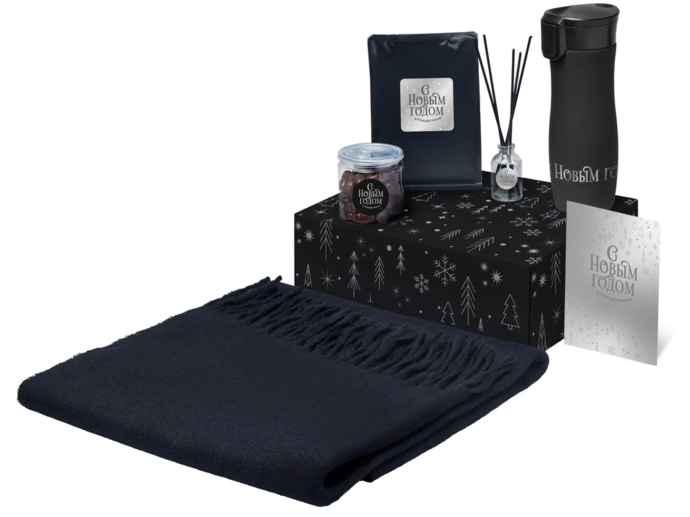 Подарочный набор с палантином и термокружкой, черный-0