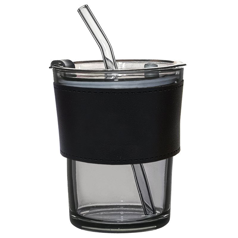 Стакан стеклянный с трубочкой и капхолдером Karamel, Черный-0