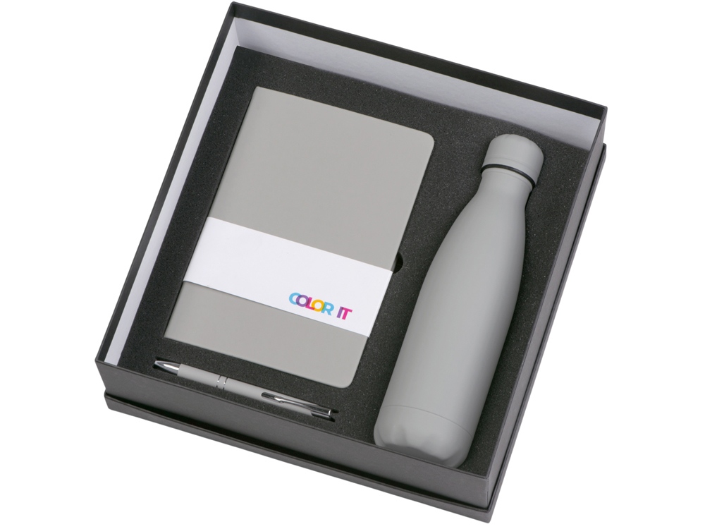 Подарочный набор с блокнотом С1, металлической ручкой и термобутылкой, серый-1