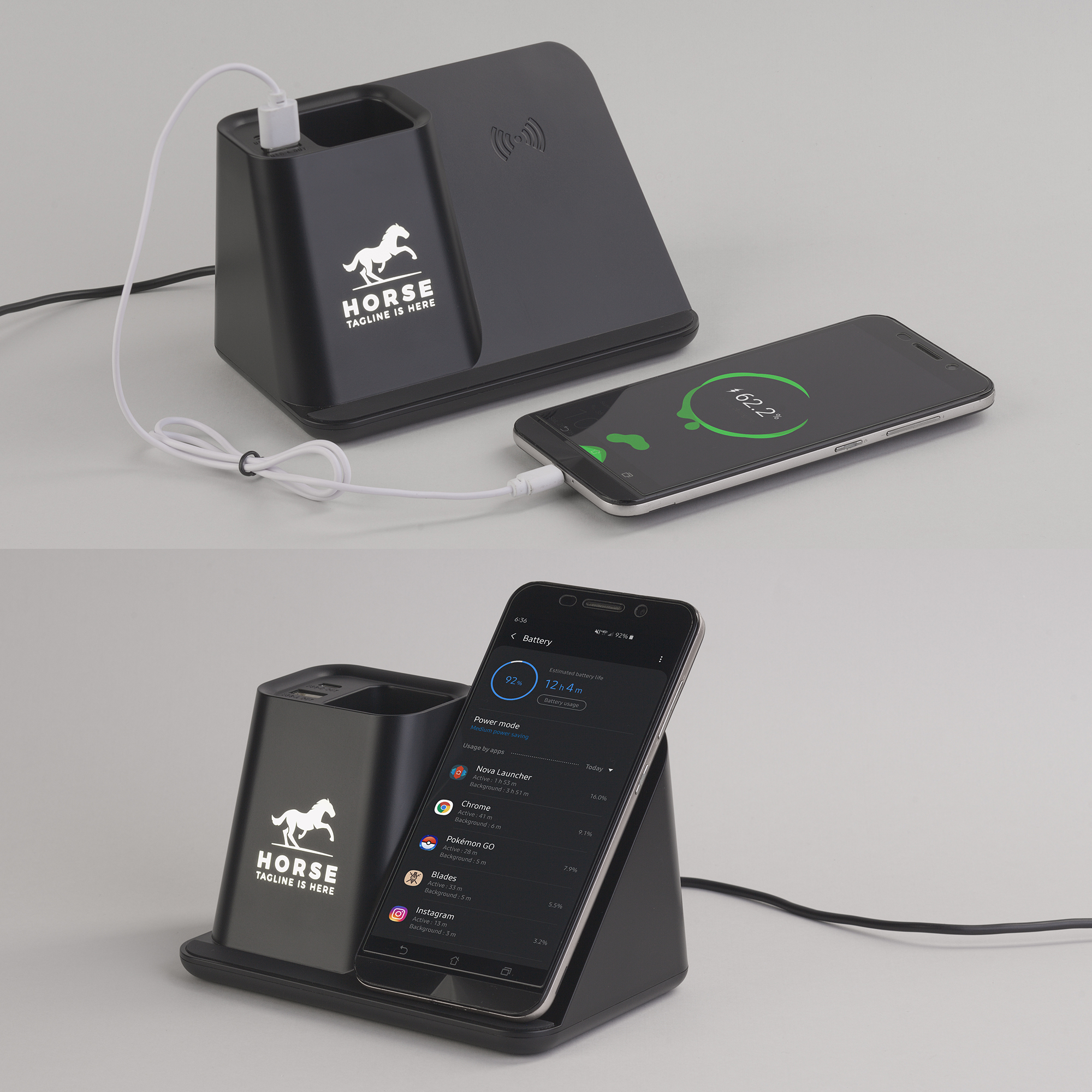 Карандашница "Black Star" с беспроводным (10W) зарядным устройством, вентилятором и лампой, с подсветкой логотипа-4