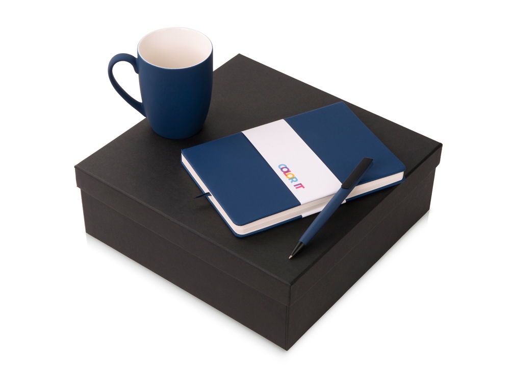 Подарочный набор c блокнотом C2, ручкой и кружкой, темно-синий-0