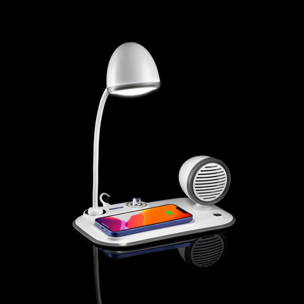 Лампа с колонкой и беспроводной зарядкой Flashback, белая-0