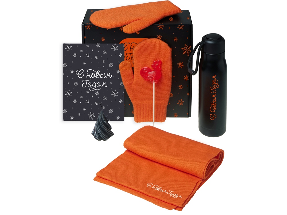 Подарочный набор с варежками, шарфом и термосом, оранжевый-0