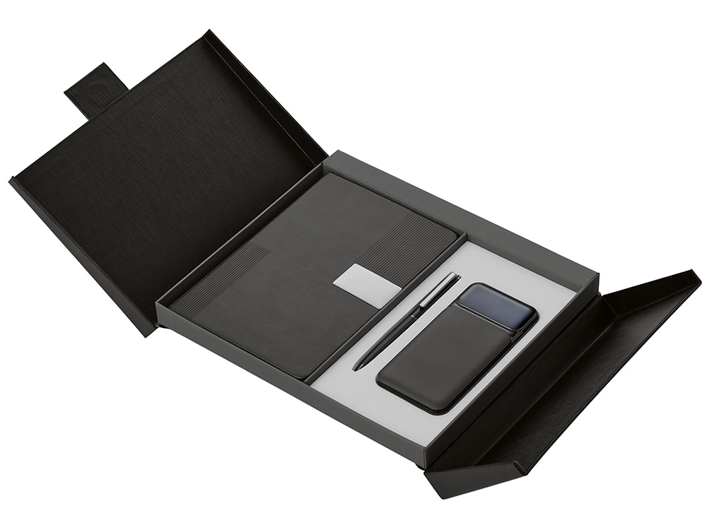 Подарочный набор Tesla с блокнотом А5, ручкой и пауэрбенком на 10 000 mAh, черный-2