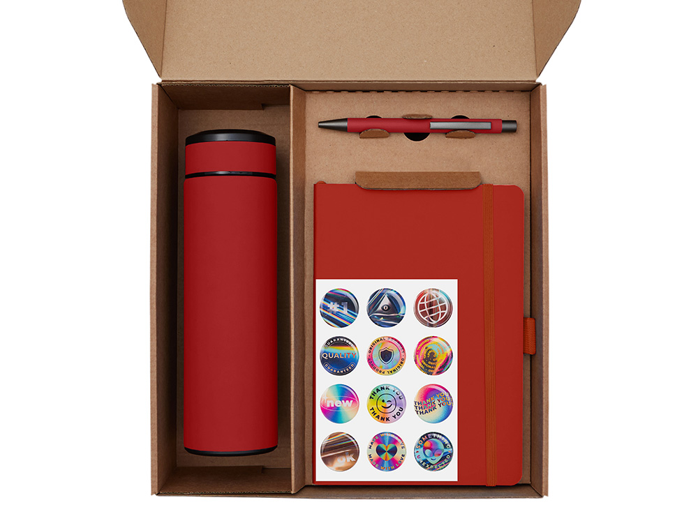 Подарочный набор с термосом, блокнотом, ручкой и чаем, красный-1