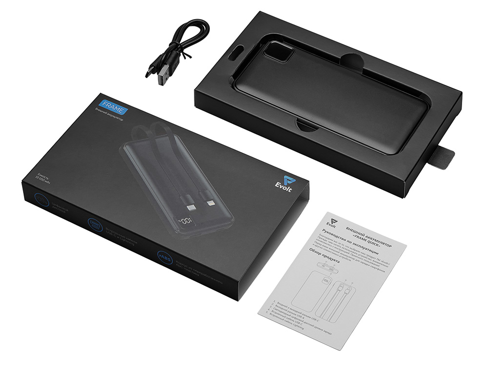 Внешний аккумулятор со встроенными кабелями Фрэйм, 10000мач, черный-6