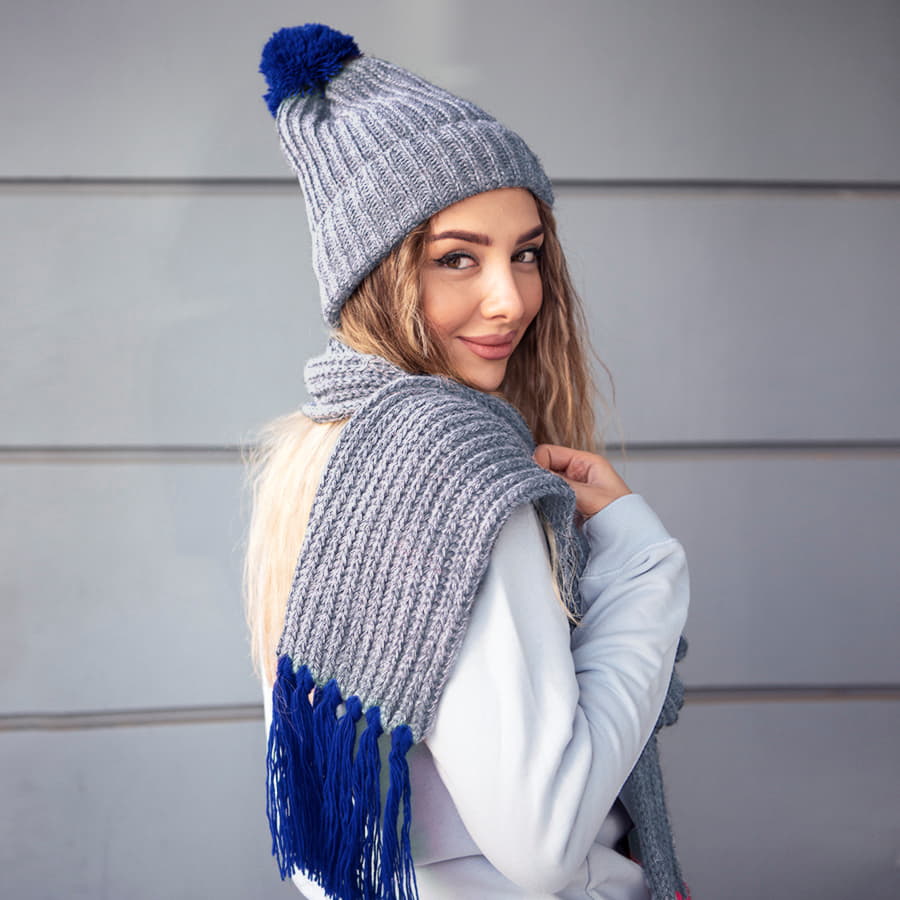 Шапка и шарф GoSnow с ярким помпоном и кисточками, синий-5