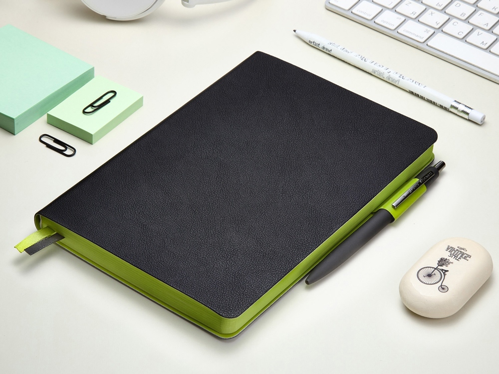 Ежедневник А5 датированный Boston 2026, черный с салатовым обрезом-11