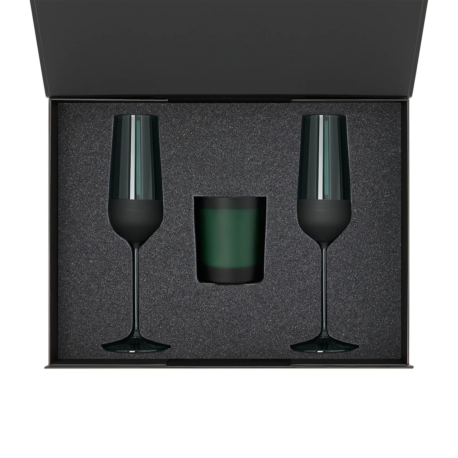 Подарочный набор свеча Энигма (Enigma) + 2 бокала для шампанского Эмеральд (Emerald) в черной коробке-1