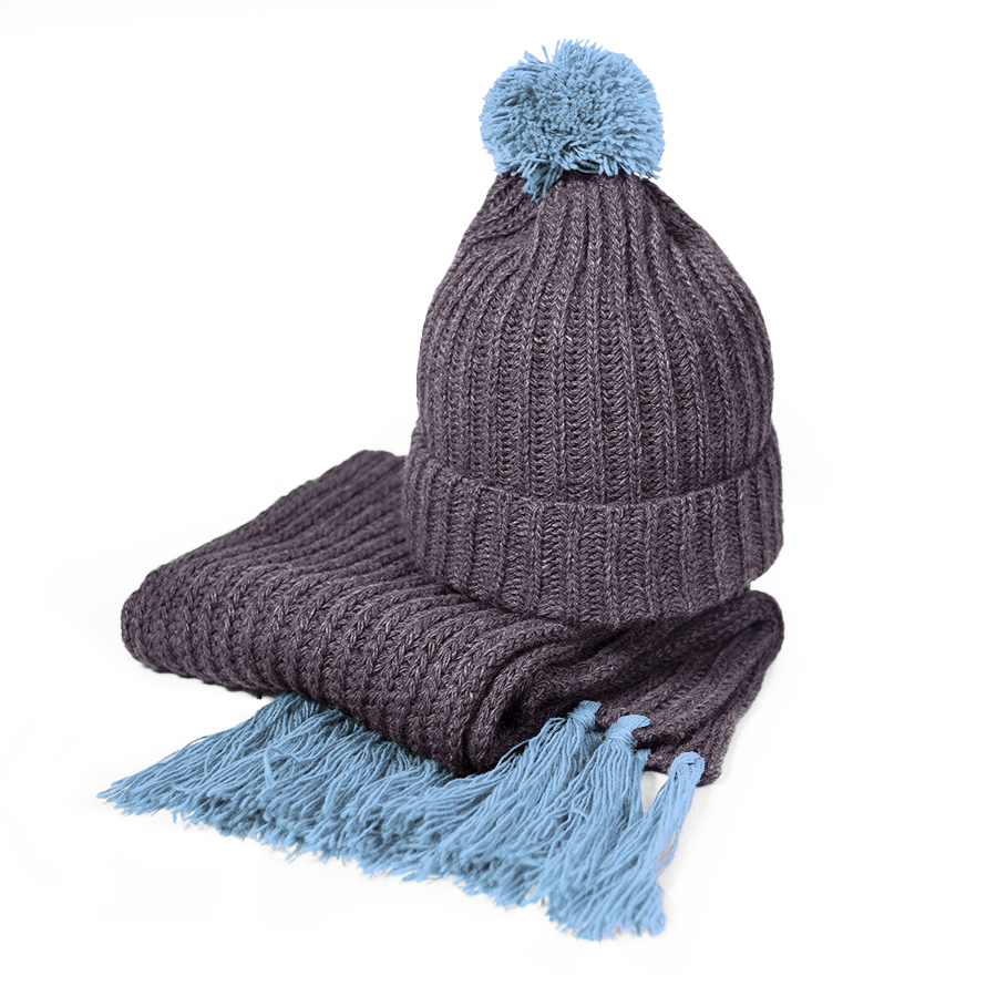 Шапка и шарф GoSnow с ярким пoмпоном и кисточками, голубой-0