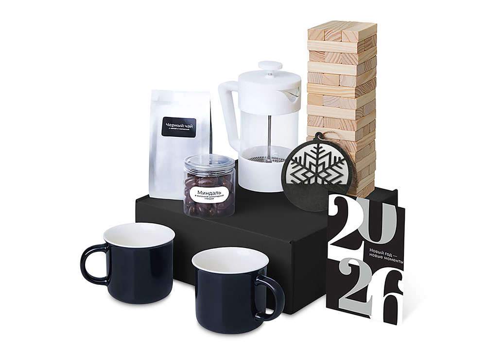 Подарочный набор c френчпрессом, кружками и чаем, белый-1