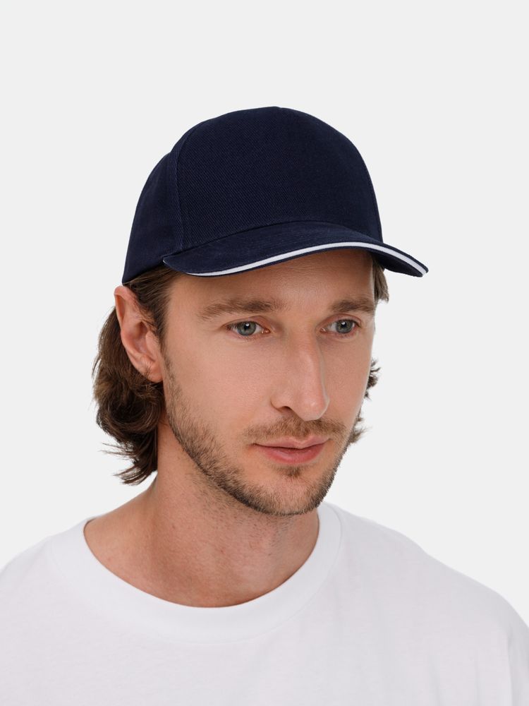 Бейсболка Classic 2.0, темно-синяя с белым кантом-3