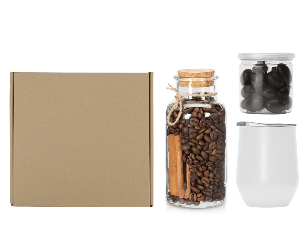 Подарочный набор с термокружкой, кофе и миндалем в шоколаде, белый-0