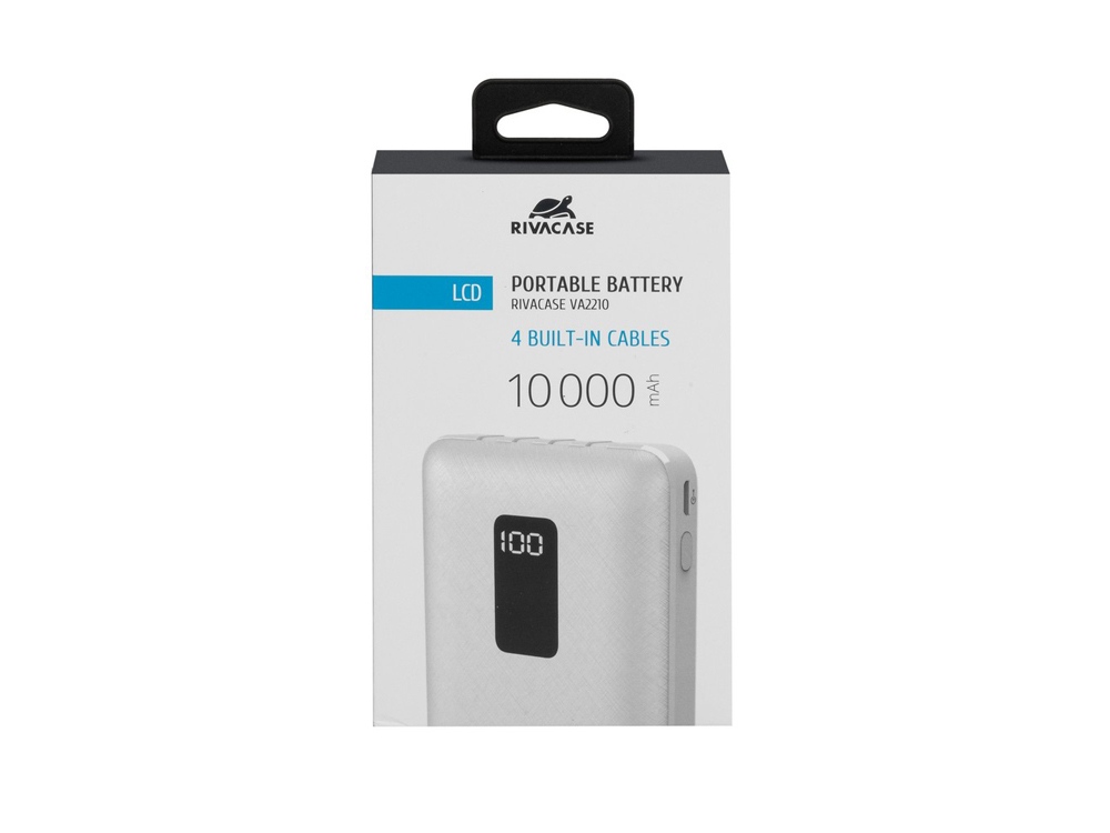 RIVACASE VA2210 (10000 мАч) внешний аккумулятор с дисплеем и встроенными кабелями, белый, 12/48-13