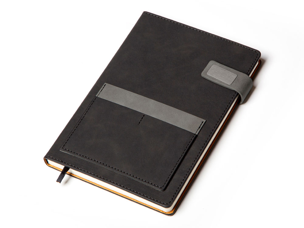 Бизнес блокнот А5 Freya с клапаном и карманом для визиток, твердая обложка, 128 листов, черный и свет-0