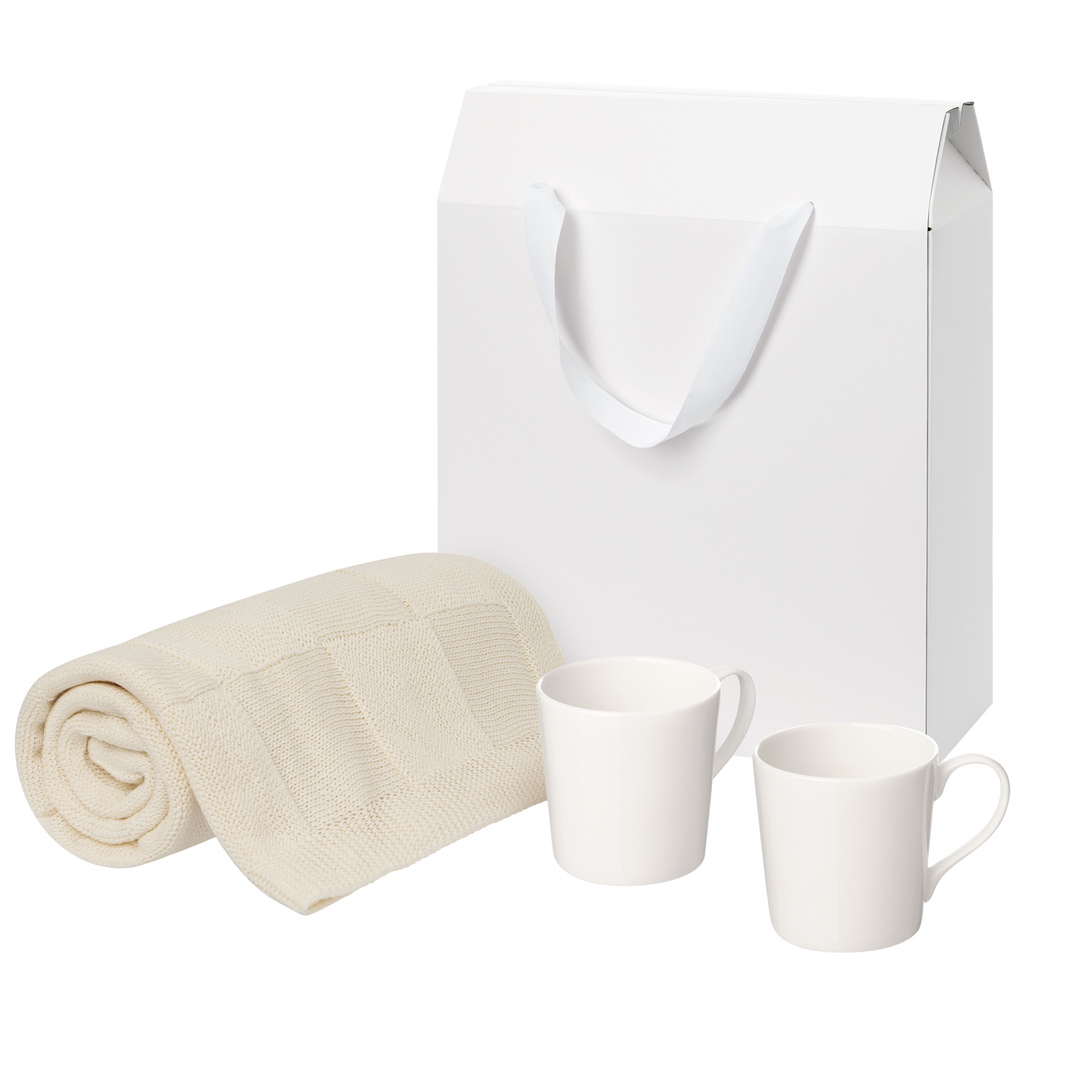 Подарочный набор Сиена (Siena), Селла (Cella), бежевый в коробке-пакете (две фарфоровых кружки, плед)-0