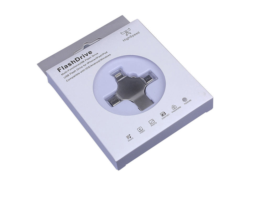 USB-флешка на 64 Гб 4 в 1 поворотный механизм, c дополнительными разъемами MicroUSB, TypeC и Lightning, серебристый-3