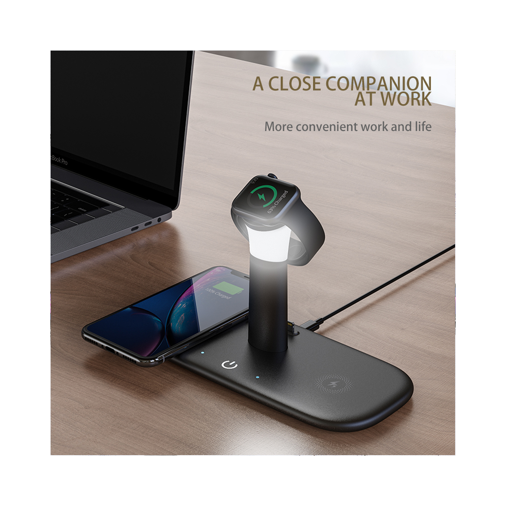 Настольная беспроводная (15W) зарядная станция "Bridge" для часов, наушников, смартфонов, с лампой-3