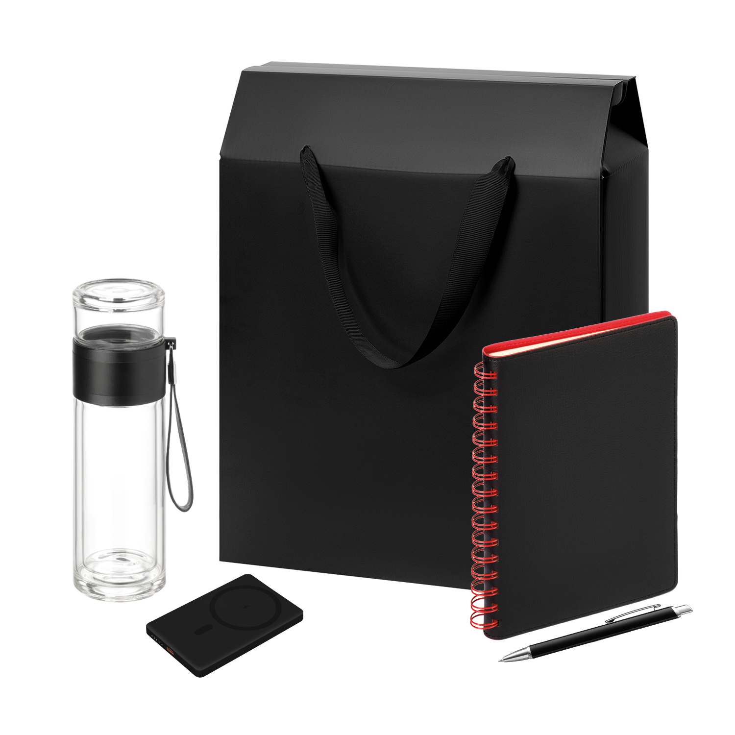 Подарочный набор Welcome Pack, черный/красный (бутылка, ежедневник, ручка, ЗУ, коробка-пакет)-0