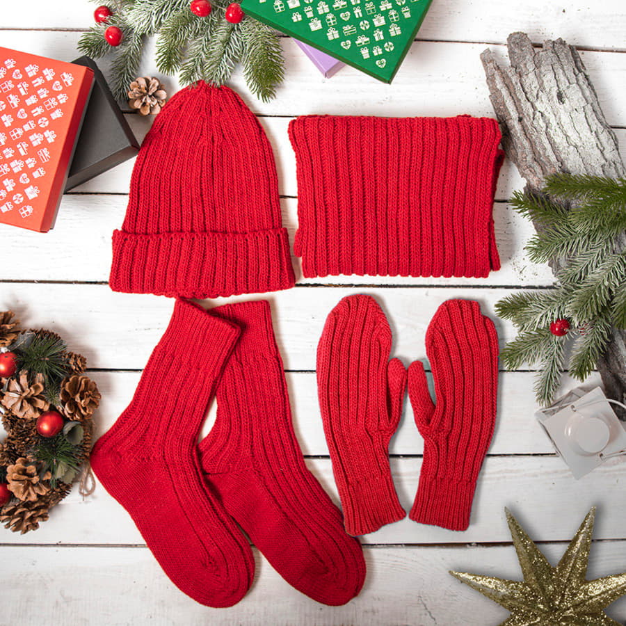 Набор подарочный НАСВЯЗИ©: шапка, шарф,  варежки, носки, красный, красный-3