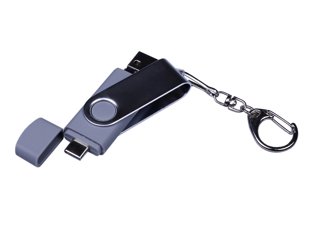 USB-флешка на 16 Гб поворотный механизм, c двумя дополнительными разъемами MicroUSB и TypeC, серебро-3