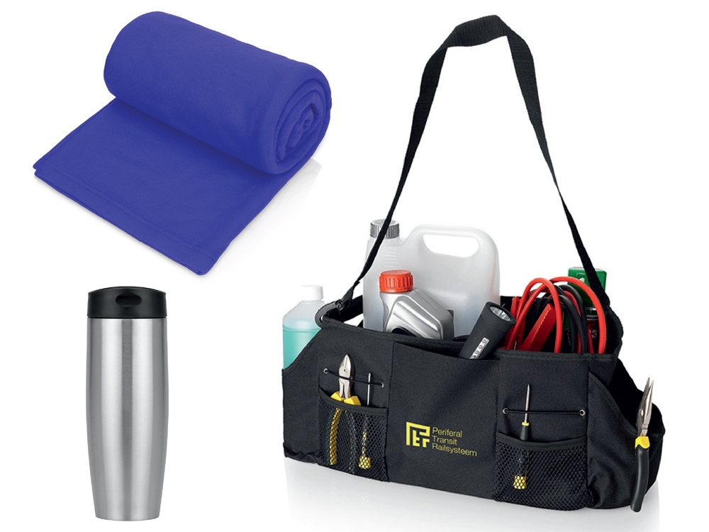 Подарочный набор с пледом, термокружкой и сумкой для инструментов, синий-0