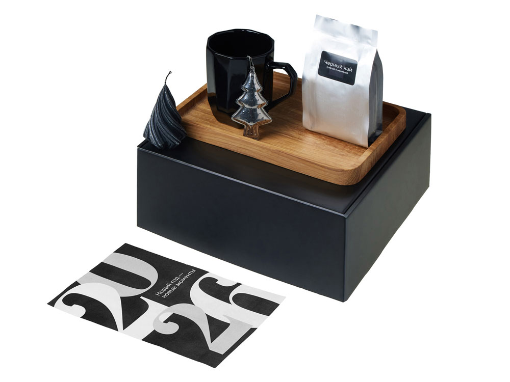 Подарочный набор с кружкой, подносом, свечой и чаем, черный-1