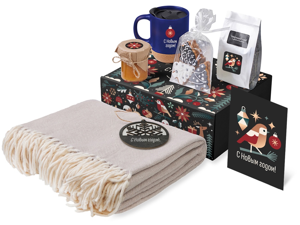 Подарочный набор c пледом, кружкой и вареньем, синий-0