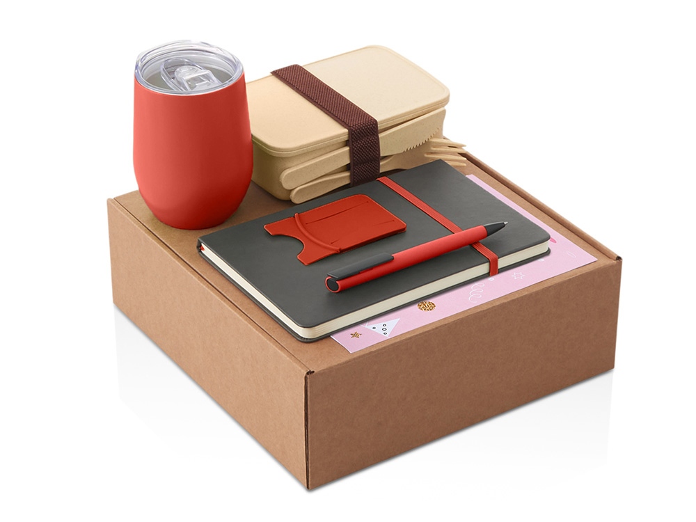 Набор с термокружкой, блокнотом, ручкой и ланчбоксом Refreshment, красный-0