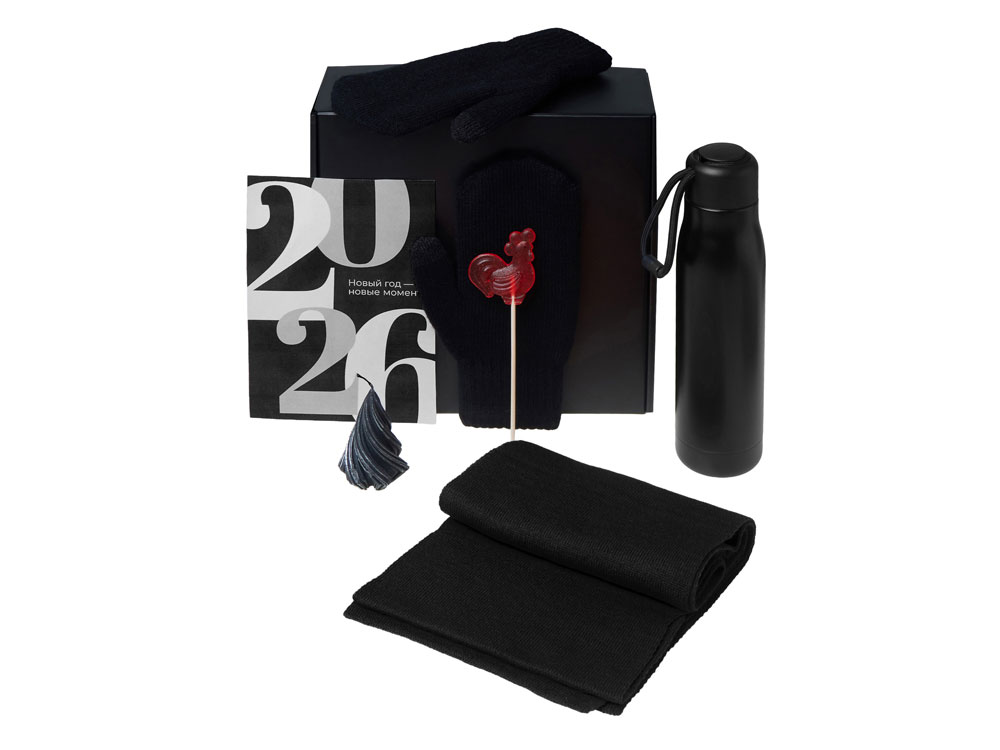 Подарочный набор с варежками, шарфом и термосом, черный-1