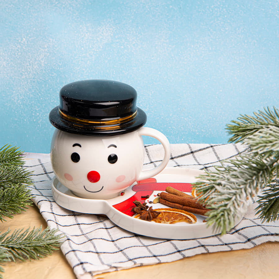 Чайная пара СНЕГОВИК с крышкой, белый, черный-5