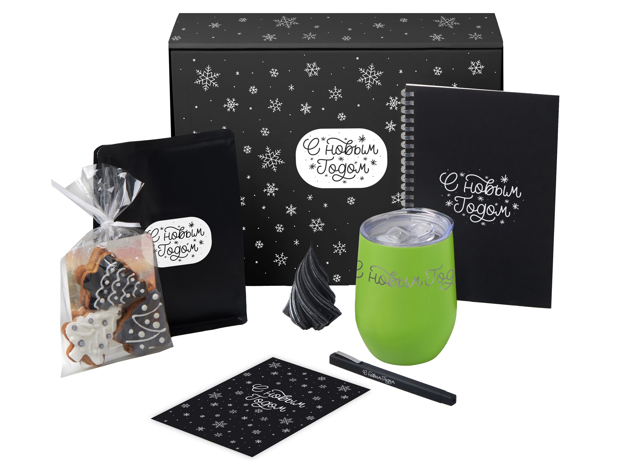 Подарочный набор c термокружкой, блокнотом, ручкой и свечкой, зеленое яблоко-0