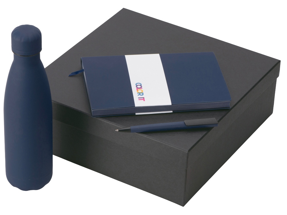 Подарочный набор c блокнотом C1, ручкой и термобутылкой, темно-синий-0