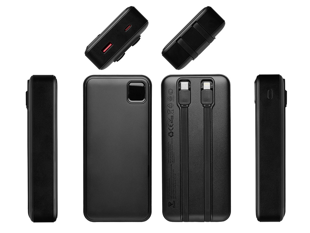 Внешний аккумулятор со встроенными кабелями Фрэйм Про, быстрая зарядка, 20000мач, черный-2