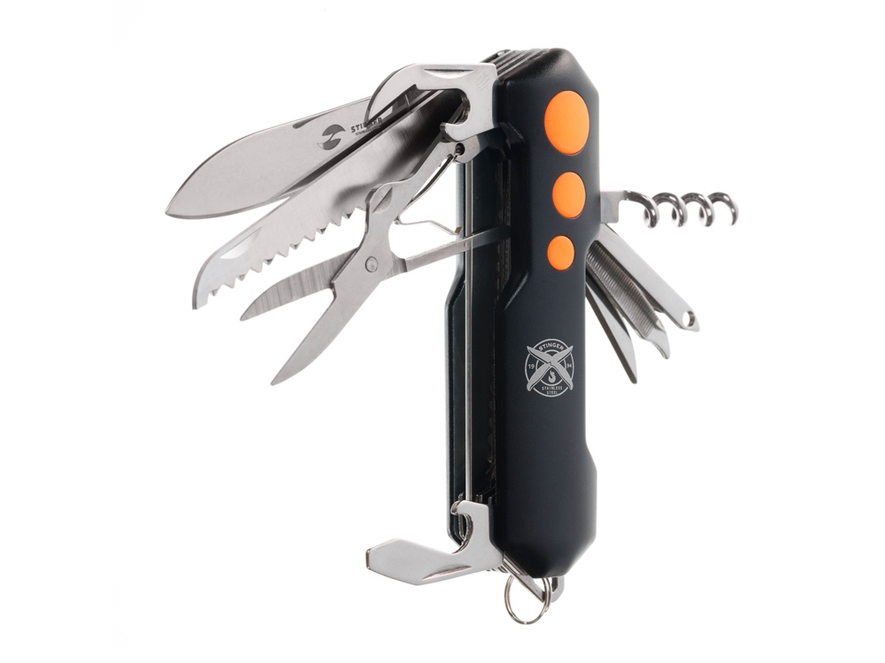 Нож перочинный Stinger, 96 мм, 15 функций, материал рукояти: алюминий, PP (черный/оранжевый)-2