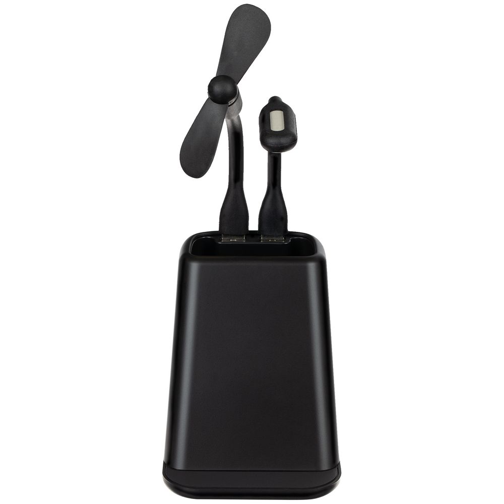 Настольный органайзер с зарядкой, лампой, вентилятором и подсветкой логотипа powerTower, черный-2