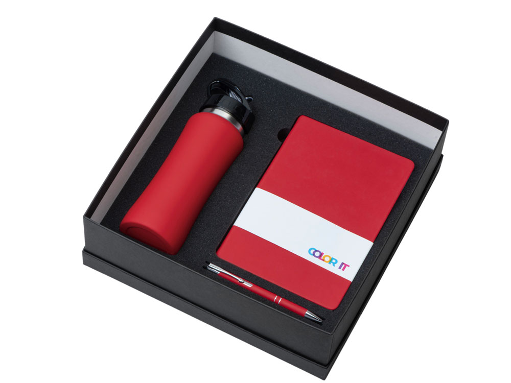 Подарочный набор с блокнотом С3, металлической ручкой и бутылкой для воды, красный-1