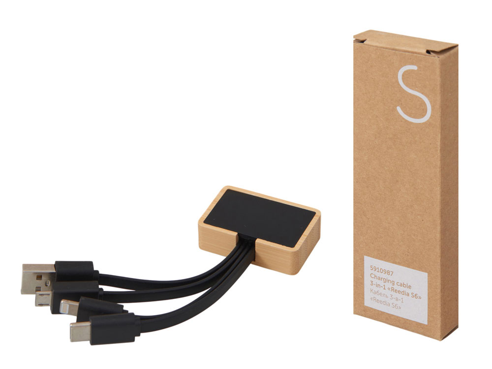 Кабель 3-в-1 с подсветкой лого Reedia S6, бамбук, черный-6